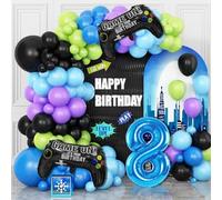 8th Birthday Video Game Balloons Arch, 8th Game Party Balloon Garland Kit Boys Birthday Supplies with Blue Number 8 Balloon Game Foil Balloons for 8 Year Old Teens Boys Party Decor
