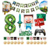 8th Gaming Birthday Decorations for Boys Girls Happy Birthday Banner Foil Balloons Miner Gaming Theme Party Supplies Decoration Miner Party Table Cake Topper for Kids Birthday Party