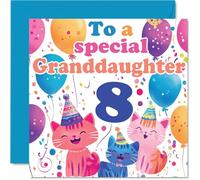 8th Granddaughter Birthday Card - Cute Cats Special Granddaughter - Happy 8th Birthday Card from Nanny Grandma Grandad, 145mm Age 8 Greeting Cards