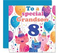 8th Grandson Birthday Card - Cute Cats Special Grandson - Happy 8th Birthday Card from Nanny Grandma Grandad, 145mm Age 8 Greeting Cards