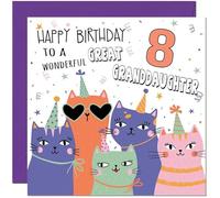 8th Great Granddaughter Birthday Card - Childrens Cute Cat Great Granddaughter Birthday Card for 8 Year old Kids eight, eighth