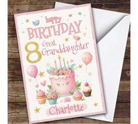 8th Great Granddaughter Pink Cake Custom Personalised Birthday Card - Personalised Birthday Greeting Card for Kids, Custom Birthday Card