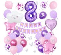 8th Purple Birthday Decorations for Girls, Pink Purple Party Decor with Number 8 Balloon, Butterfly Stickers, White Cloud Balloon, Star & Heart Foil Balloons, Birthday Banner Party Supplies