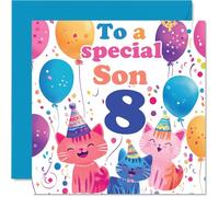 8th Son Birthday Card - Cute Cats Special Son - Happy 8th Birthday Card from Mum Dad, 145mm Age 8 Greeting Cards