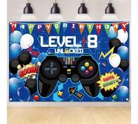 8th Video Game Backdrop, 1.8x1.2m Large Banner for Boy Level Up 8th Video Game Birthday Decorations Gaming Background Photo Props Blue Game Party Supplies for Boys Birthday