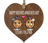 8th Wedding Anniversary Plaque Gift for Husband Wife - 8 Years Together - Happy Bronze Anniversary Wooden Heart for Women Men Partner, Dark Wood Sign Keepsake Gifts