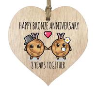 8th Wedding Anniversary Plaque Gift for Husband Wife - 8 Years Together - Happy Bronze Anniversary Wooden Heart for Women Men Partner, Light Wood Sign Keepsake Gifts