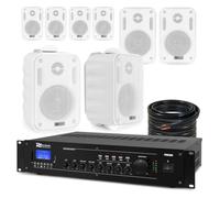 8x PD BC34V 4" 100V Outdoor Wall Speakers & PRM360 Mixer Amp - White | Bluetooth, USB/SD, XLR with phantom power, VOX priority, 100m speaker cable included