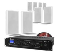 8x PD Flat Wall Speakers System with PRM120 Amplifier, 100V Line, Bluetooth, White, Complete Commercial Wall Mount PA Solution with Speaker Cable for Background Music & Announcements