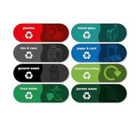8X Recycling & General Waste Bins Stickers Self Adhesive Vinyl 150 × 50 mm Waterproof Waste Decals Removable Mixed Recycling Signs for Outdoor Kitchen Pack of 8 Trash Garbage Can Stickers Colour