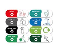 8X Recycling & General Waste Bins Stickers Self Adhesive Vinyl 150 × 50 mm Waterproof Waste Decals Removable Mixed Recycling Signs for Outdoor Kitchen Pack of 8 Trash Garbage Can Stickers White