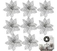 8x Silver Glitter Poinsettia Christmas Tree Decorations - Artificial Flowers with Clips for Xmas Tree, Wreaths, Garlands & Home Décor - Sparkling Silver Christmas Ornaments for Holiday Decoration