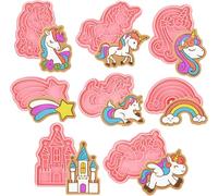 8X Unicorn Cookie Pressing Cutter Embossing Mold, Kids Cartoon Rainbow Castle Cookies Biscuit Stamps Fondant Press Cutters Mould Printing Clay DIY Baking Tool Cake Pastry Decor
