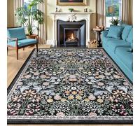 8x10 Area Rugs for Living Room: Floral Washable Rug Vintage Large Soft Boho Non-Slip Carpet Indoor Stain Resistant Low Pile Carpets for Bedroom Dining Room Farmhouse Nursery Home Office Dark Black