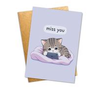 (8x5.3Inch) Missing You Card Cute Cat Illustration Greeting Card Adorable Kitten Cartoon Heartfelt Miss You Note Emotional Kitty Card for Friends and Family Long Distance Relationship Card Funny Sad