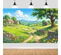 8X6FT 2026 Emerald Isle Bible School Backdrop Sheeps Pastoral Countryside Photography Background for Classroom Summer Camp Party Decoration Green Photo Booth Props