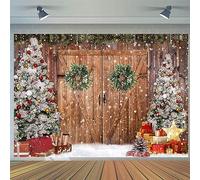 8x6FT Christmas Backdrop Rustic Barn Wood Door Xmas Tree Snow Gifts Photography Background Family Kids Portrait Photoshoot Winter Holiday New Year Party Decorations Banner Photo Booth Props