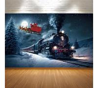 8x6FT Christmas Polar Express Train Photo Backdrop Santa Sleigh Snowy Night Theme Photography Background Winter Wonderland Holiday Party Banner Decoration Photoshoot Supplies Polyester