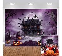 8x6ft Halloween Photography Backdrop Purple Night Moon Graveyard Pumpkins Background Haunted Castle Bats Witch Kids Halloween Party Decorations Photoshoot Supplies