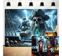8x6ft, Halloween Pirate Ship Backdrop, Terror Nautical Adventure Pirate Skull Ghost Treasure Photography Background, Halloween Pirate Themed Party Decorations Photo Booth Studio Props