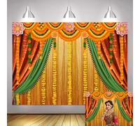 8X6ft India Pooja Photography Backdrop Yellow Curtain Puja Ganpati Pooja Traditional Mehndi Festival Background Bridal Shower Wedding Party Diwali Party Decorations Supplies(2.4x1.8m)