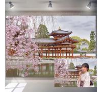 8x6ft Japanese Building Backdrop Cherry Pavilion Photography Background Asian Travel Theme Room Decoraion Nature Garden Scenery Background for Birthday Party Wedding Artistic Portrait Photo Props