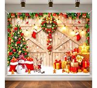 8x6FT Merry Christmas Barn Wood Door Backdrop for Photography Winter Snow Upgraded Corner Holes with 6M Ribbon & Stitched Edges, New Year Eve Party Decorations, Polyester Photo Booth Props Banner