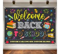 8x6FT Welcome Back to School Backdrop Banner, Washable Polyester Fabric Background, First Day of School Classroom Bulletin Board Decorations with 6M Ribbon