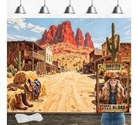 8x6FT Western Backdrop with 19.68FT Ribbon, Wild West Backdrop for Photoshoot, Large Western Town for Cowboy Rodeo, Country Birthday Party, HD Photography