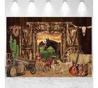 8x6ft Western Party Backdrop Wild West Rodeo Vintage Rustic Wooden Barn Door Horse Photography Background for Western Theme Cowboy Cowgirl Birthday Banner Decorations Photo Studio Props