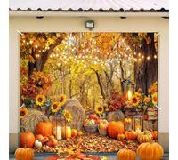 8X7FT Fall Forest Photo Garage Door Decorations Cover, Autumn Thanksgiving Maple Leaves Pumpkins Sunflower Garage Buddy Background, Farm Harvest Party Wall Window Yard Hanging Decor