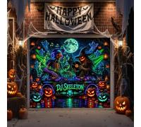 8X7FT Halloween DJ Skeleton Garage Door Decorations Cover, Scary Haunted Graveyard Skull Pumpkin Witch Pumpkin Lantern Ghosts Garage Background, Spooky Halloween Party Wall Window Yard Home Decor