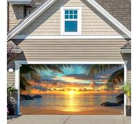 8X7FT Sunset Beach Garage Door Cover Decorations, Hawaii Tropical Sea Seaside Sunset Scenery Garage Door Backdrop Background, Summer Ocean Palm Trees Indoor Outdoor Party Banner