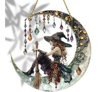 8x8 inch Charming Moonlight Witch Acrylic Stained Glass Window Hanging Sun Catcher Decor Stained Panel Hangings Wall Art Decor, for Friends and Family (Moonlight Witch)