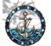 8x8 inch Charming Nautical Anchor Acrylic Stained Glass Window Hanging Sun Catcher Decor Stained Panel Hangings Wall Art Decor, for Friends and Family (Nautical)