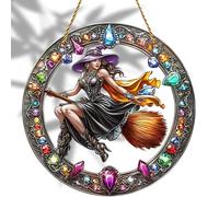 8x8 inch Charming The Witch Rides A Broom Acrylic Stained Glass Window Hanging Sun Catcher Decor Stained Panel Hangings Wall Art Decor, for Friends and Family (Witch Broom)