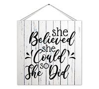 8X8 inch Retro Wood Sign She Believed She Could So She Did Distressed Look Rustic Wood Wall Hanging with String Classic Style Wooden Wall Plank Hanging Sign
