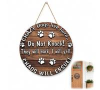 8x8 Inch Round Crazy Dogs Warning Sign Wood Grain No Knock Door Plaque