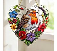 8x8" Large Heart - Shaped Robin Bird Suncatcher with Stained Glass Effect - Ideal Hanging Window Decor