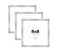 8x8 Silver Picture Frame with Mount for 6x6 Photos, Prints - Modern Square Wall Frame, Set of 3