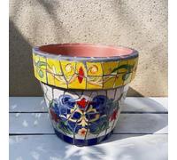 9.06 Inch Handmade Ceramic Succulent Pot with Drainage Hole - Decorative Mosaic Planter for Indoor Plants (Yellow and Blue)