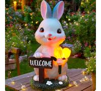 9.06in Solar Powered Bunny Statue with Warm Light | Adorable rabbit design, LED tulip light, welcome sign detail, 9.06in height, garden patio decor