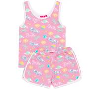 Barbie Girls 2 Piece Co-Ord | Kids Pink All Over Print Vest And Shorts Set | Palm Trees Sunglasses Summer Holiday Beach Ball Daywear | Fashion Doll Graphic Clothing Merchandise Gift for Children