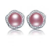9-10mm Bread Round Freshwater Women Pearl Stud Earrings, White Pink Purple Black Colorful
