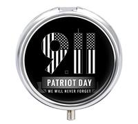 9.11 Patriot Day USA We Will Never Forget Iron Pill Box Case Organizer with Internal Separate Plastic Dividers, Travel Small Medicine Bag Holder Carrier Round Container