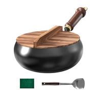9"/11" Uncoated Iron Pan with Wooden Lid, Japanese Iron Pan, Hand Forged Non-Stick Irons Pans, Big Belly Pot Ironss Panss Stock Pot, for High-Heat Frying, for Gas Stoves Induction Hobs (24cm/9")