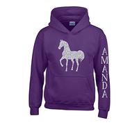 9-11 Years Purple Hoodie Personalised 'Horse Image with Name On Left Arm with Silver Glitter Print
