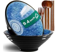 9.4-Inch 2 Sets Ceramic Ramen Bowl (8 Piece) - Japanese Porcelain Dishwasher Microwave Safe Salad Noodles Cereal Pasta Soup Large Bowls with Chopsticks Forks Spoons for Men Women Housewarming Gift