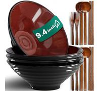 9.4-Inch 4 Sets Ceramic Ramen Bowl (16 Piece) - Japanese Porcelain Dishwasher Microwave Safe Salad Noodles Cereal Pasta Soup Large Bowls with Chopsticks Forks Spoons for Men Women Housewarming Gift