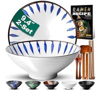 9.4Inch Ceramic Ramen Bowl Set of 2 (9 Piece) - Porcelain Japanese Salad Noodles Cereal Fruit Pasta Soup Large Bowls with Recipes Chopsticks Forks Spoons for Men Women Gift Microwave Dishwasher Safe
